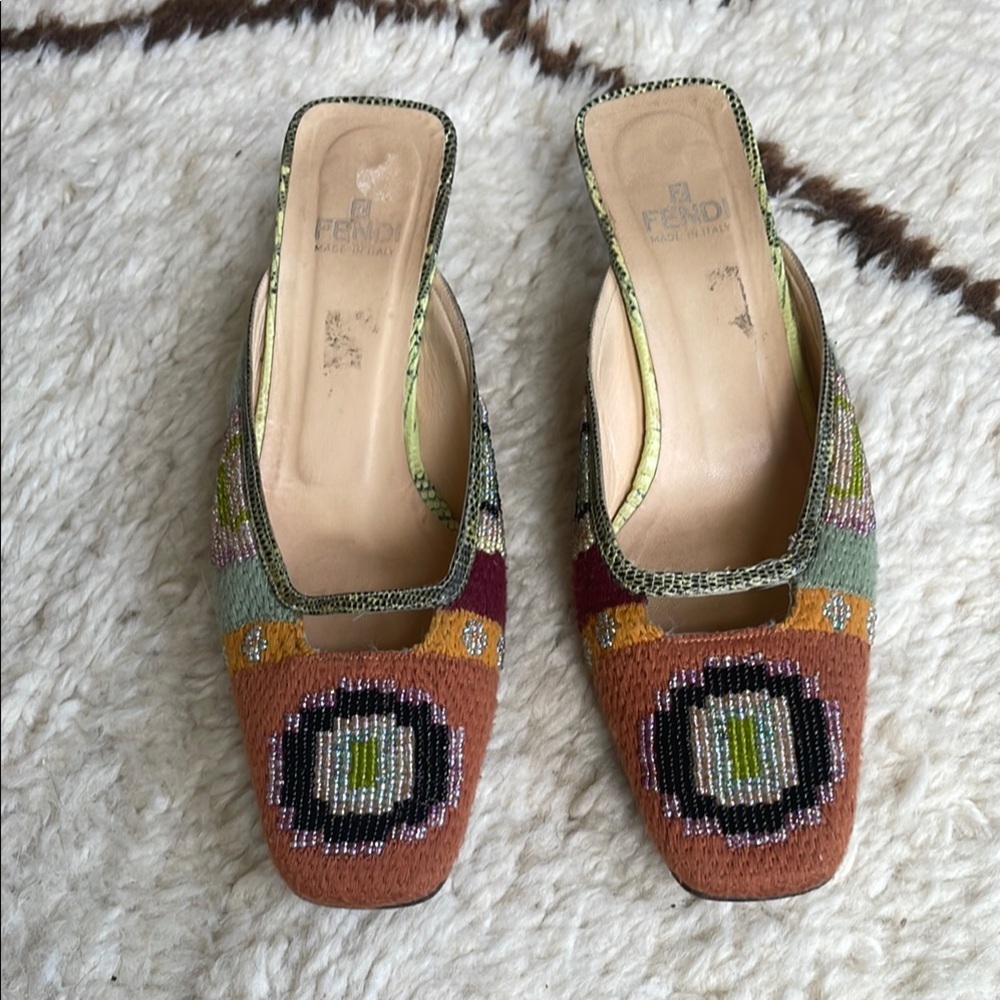 Fendi Green and Brown Mules with Geometric Pattern